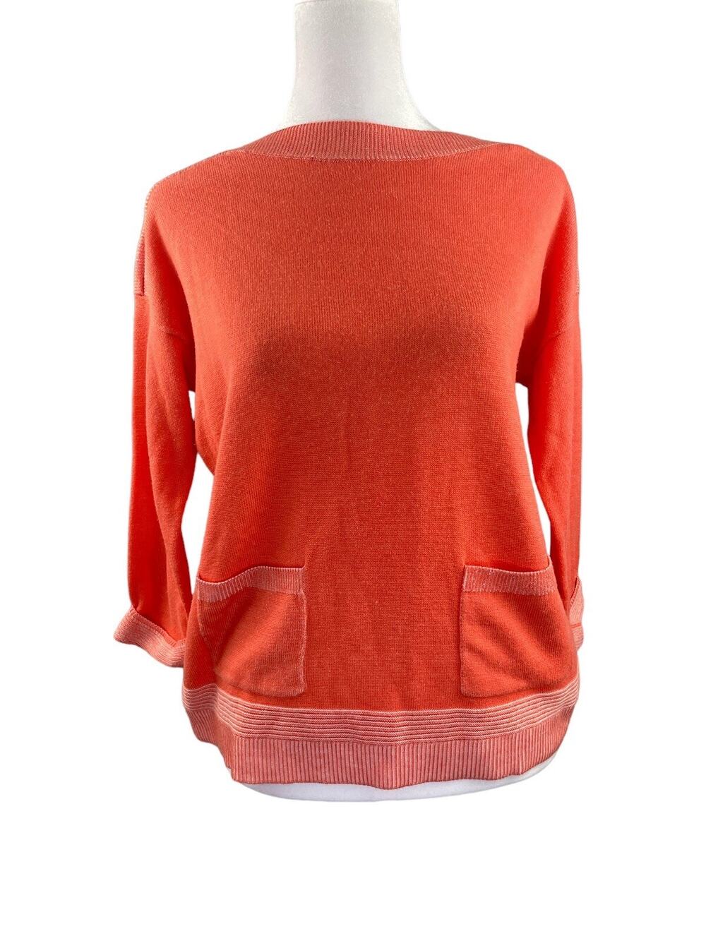 Chico's Sz 0 (US 4 S) Boatneck Sweater Coral Orange 3/4 Sleeve Pullover Pockets